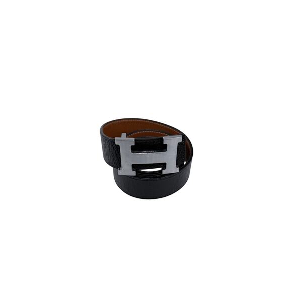 H Belt Men\'s  Black & Brown Leather Silver Buckle Size 115/46